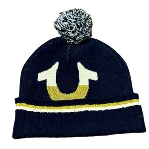 True Religion Blue Gold White Beanie Pom Pom Hat Size OS Unisex